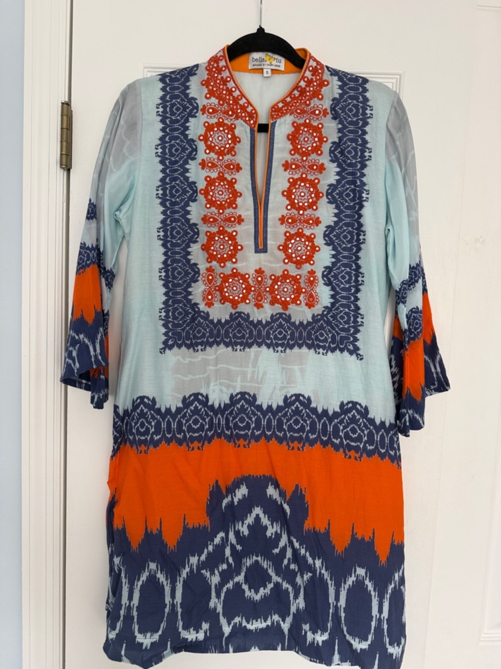 Bella Tu Light Blue & Orange Embroidered Mini Dress